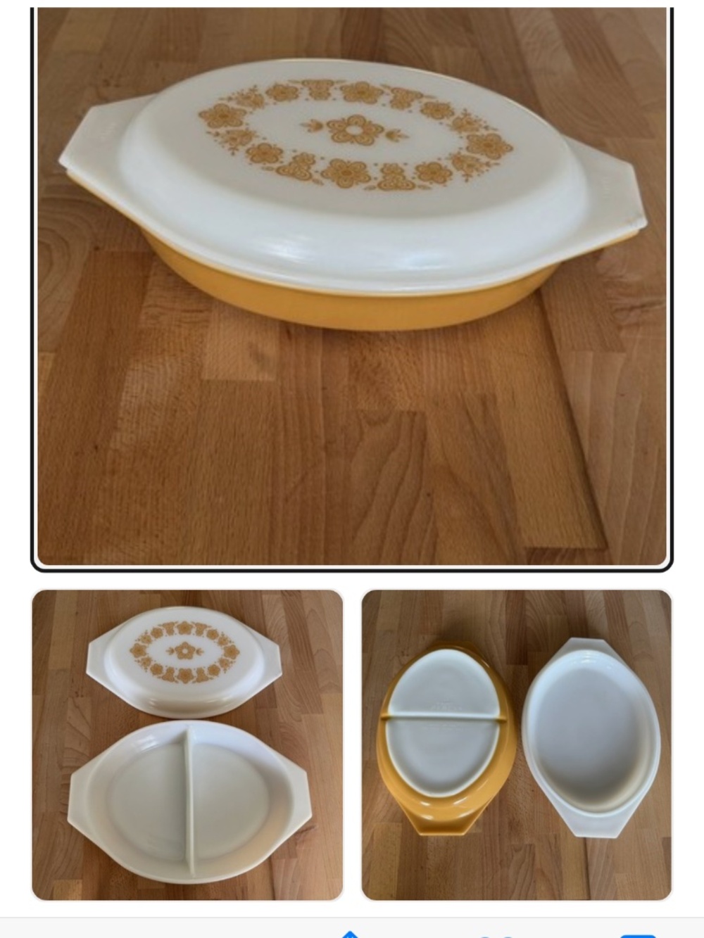 Pyrex 063 Butterfly Gold 1 qt Milk Glass Oval Divided Casserole Dish with Lid